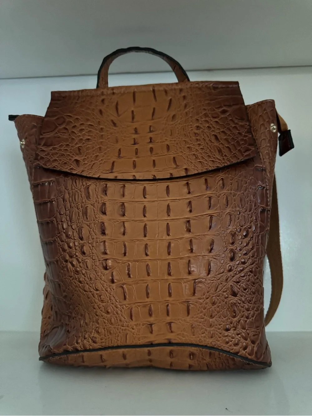 Brown Crocodile Embossed Flap Backpack